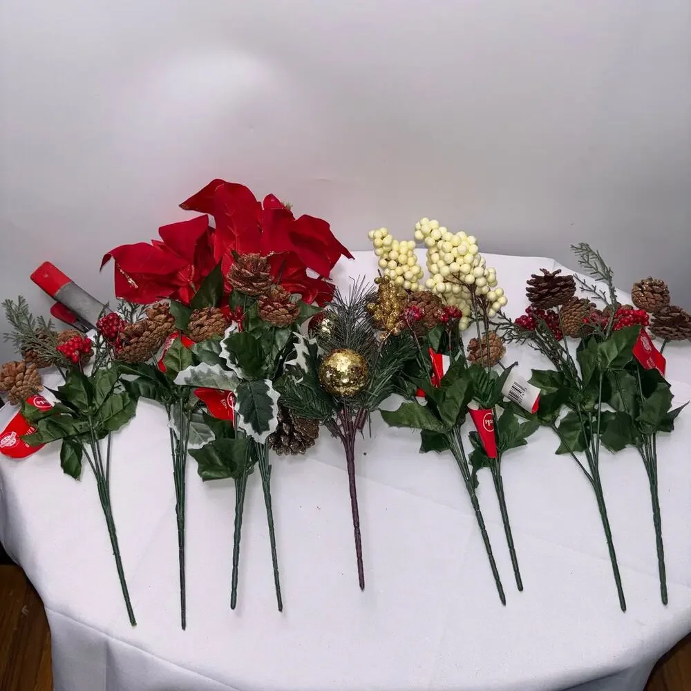 Artificial Christmas Plant Stem Decorations - Lot of 9